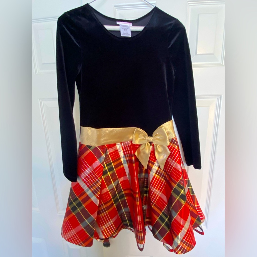 Winter dress plaid with gold bow - girls size 14